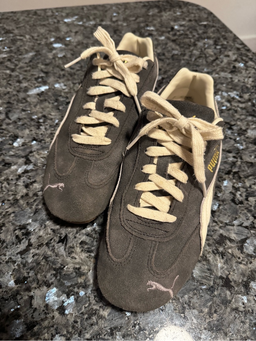 Puma women’s Speedcat Gray Suede Sneakers with Cream Accents